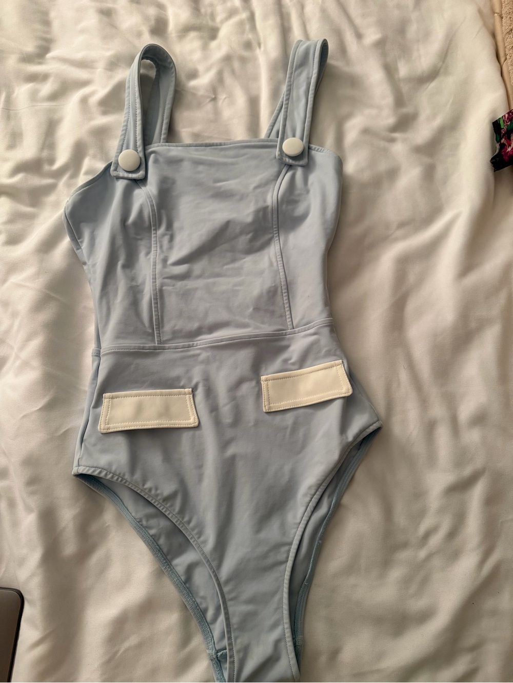 PerSe Mar Light Blue One-Piece Swimsuit with White Pocket Accents